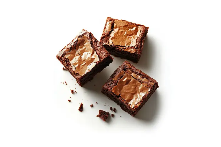 Trois brownies au chocolat faits maison, croûte craquelée et cœur fondant, sur fond blanc