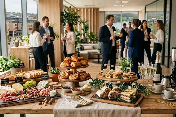 Réception professionnelle en intérieur lumineux avec buffet mange-debout : mini-sandwiches, viennoiseries, planche de fromages-charcuteries et coupes de champagne