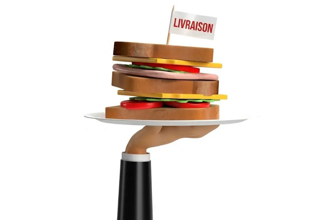Illustration 3D d'un sandwich club coloré sur assiette, surmonté d'un fanion 'Livraison' rouge