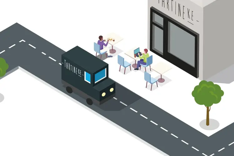Illustration isométrique d'un camion Tartineke devant la sandwicherie, pour livraison au zoning de Louvain-la-Neuve