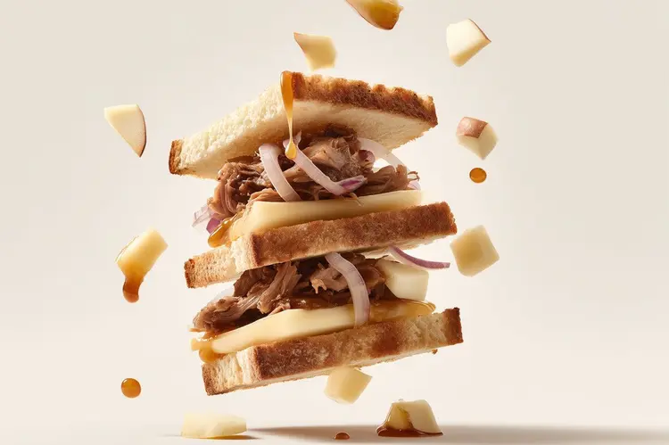 Sandwich La Rousse en éclaté — pulled pork effiloché, cubes de fromage, oignons rouges et filet de sirop d'érable entre des tranches de pain de mie