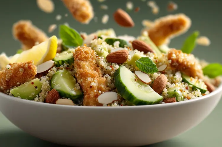 Bol de quinoa garni de poulet pané doré, concombre, amandes effilées, menthe et zeste de citron — Quinoa Bowl Poulet maison Tartineke