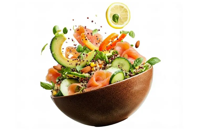 Quinoa bowl saumon fumé garni d'avocat, concombre, poivron et rondelle de citron, composition en lévitation autour du bol