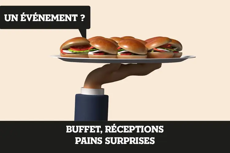 Illustration 3D d'un plateau de mini-sandwiches tenu par une main, avec mention 'Un événement ? Buffet, réceptions, pains surprises'