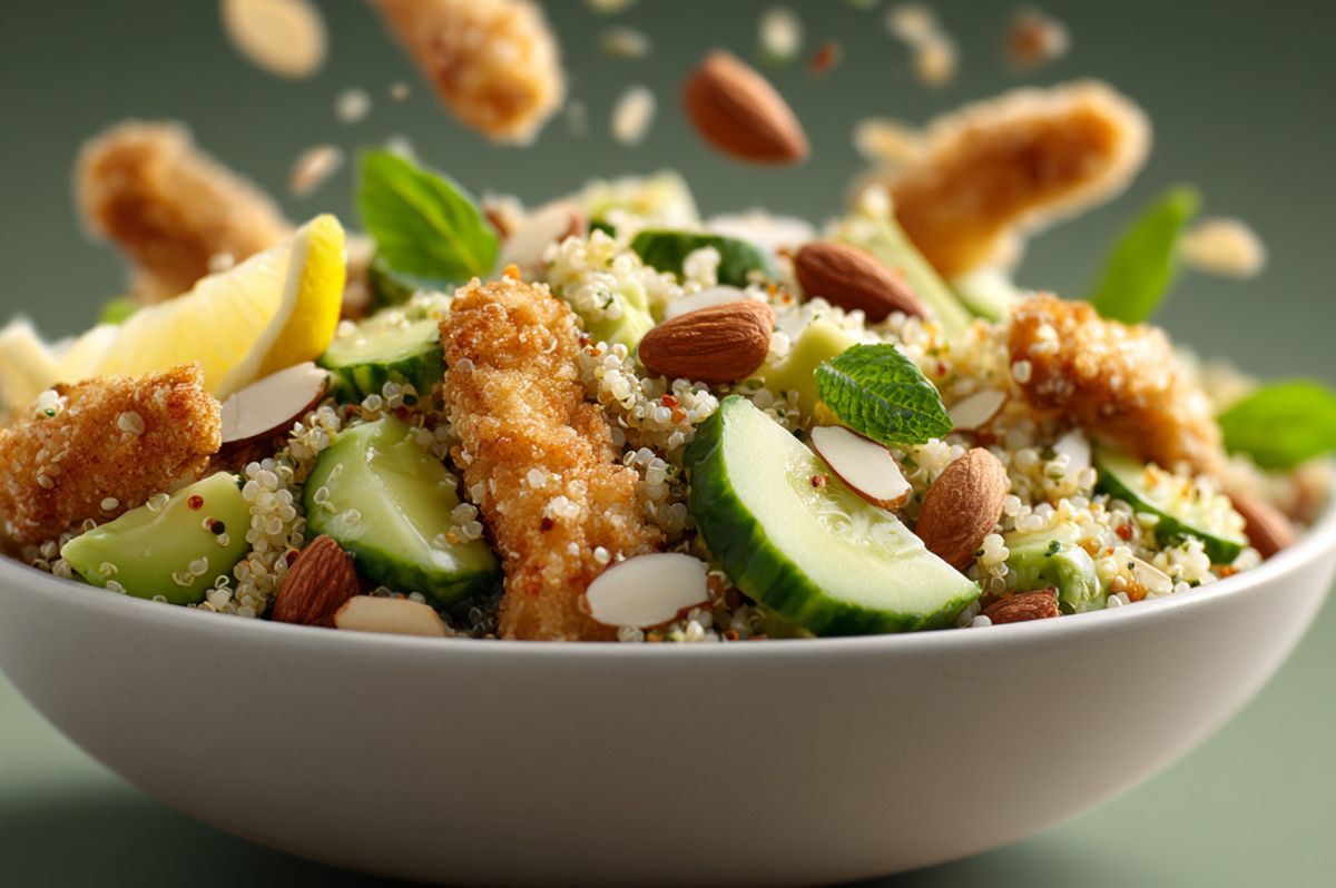 Gros plan sur le bol de salade quinoa avec morceaux de poulet pané doré, avocat et graines